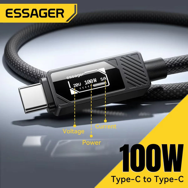 ខ្សែសាក ESSAGER 100W ប្រភេទ C ដល់ C ជាមួយអេក្រង់ឌីជីថល PD ខ្សែសាកលឿនសម្រាប់ MacBook Pro/Air iPhone 16/15/14 iPad ខ្សែ USB C