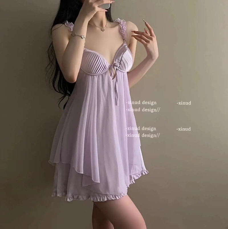 Sexy Mesh Pajamas Women's Nightgowns New Ruffles Lace Chest Pad Cushion Suspender Pajama Dress Night Sleepwear Lingerie