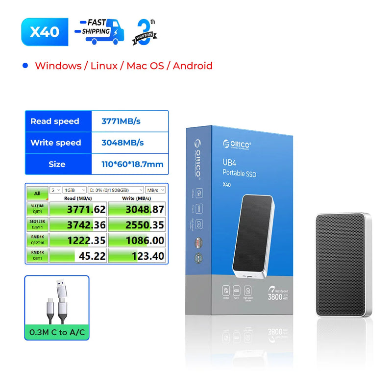 ORICO 40Gbps USB4 Portable NVMe 40Gbps Ultra Fast External SSD Drive PCIe4.0 NVME Up to 3800MB/s Compatible Thunderbolt 3/4
