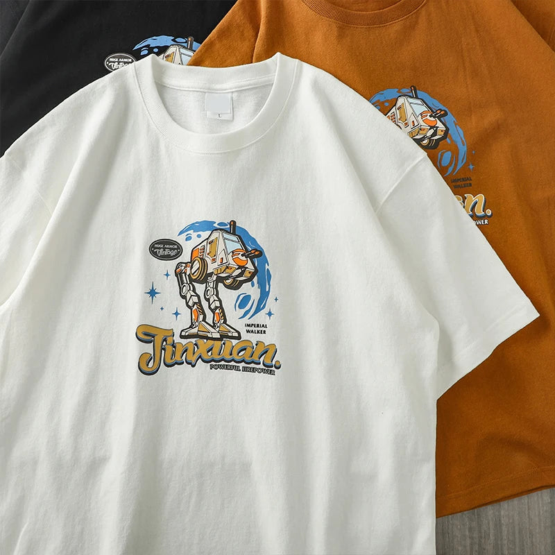 Dukeen 320g Heavyweight Oversized Short-Sleeved T Shirt Men Summer Plus Size Cotton Robot Printing Tees Couples