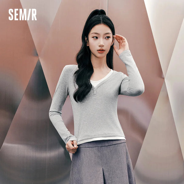 អាវយឺត Semir សម្រាប់នារី ដៃវែងខ្លី ករាងអក្សរ U ស្រោបដោយក្រណាត់ពីរជាន់ ស្ដើងតឹង ធម្មតា ស្លៀកប្រចាំថ្ងៃ រដូវស្លឹកឈើជ្រុះ ឆ្នាំ២០២៦