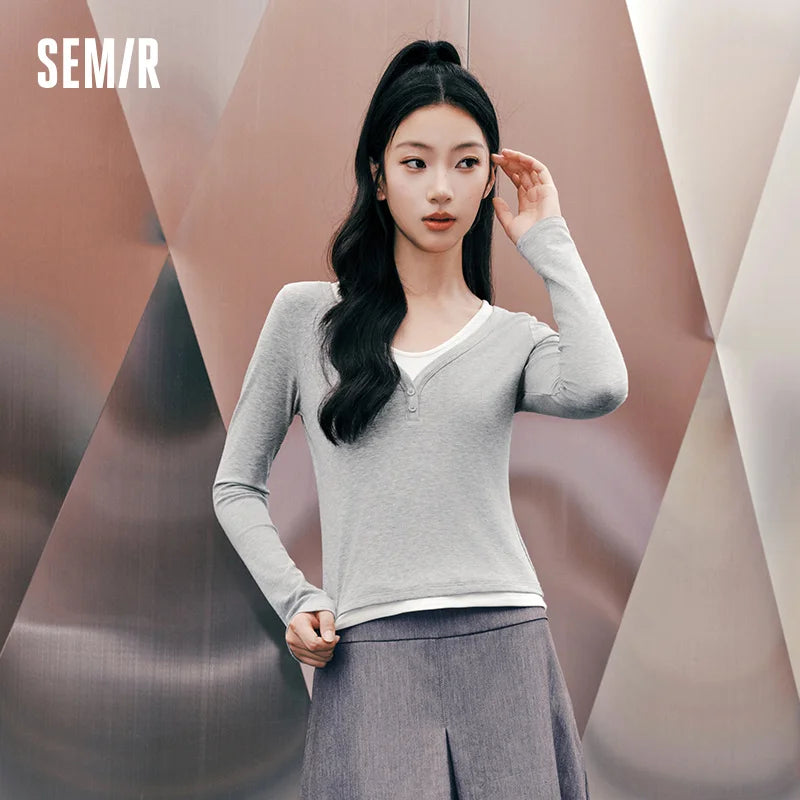 Semir Women Tshirt Long Sleeve Short Contrast U Neck Faux Two Piece Slim Tight Casual Autumn Top Daily Wear 2026