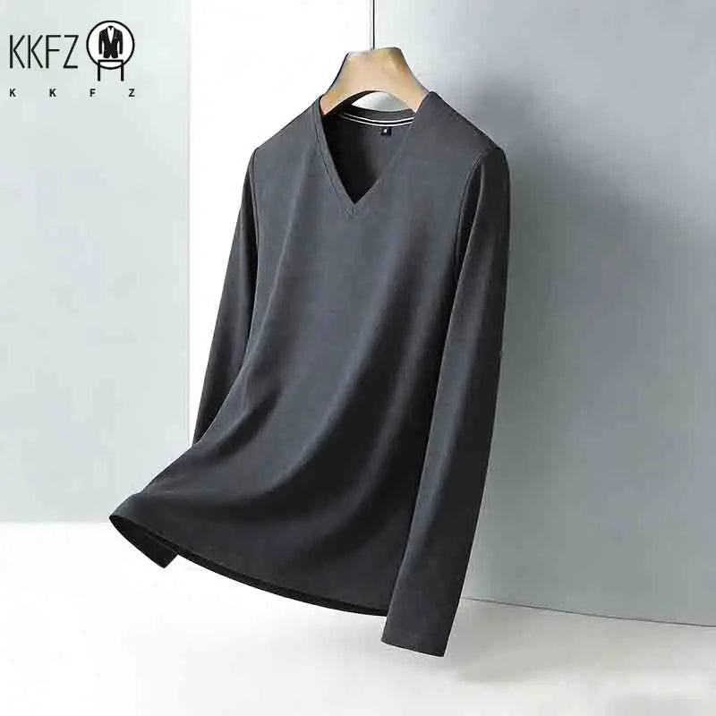 Men's Wrinkle-resistant Brown V-neck Long Sleeve T-shirt Easy Care Breathable Casual Top