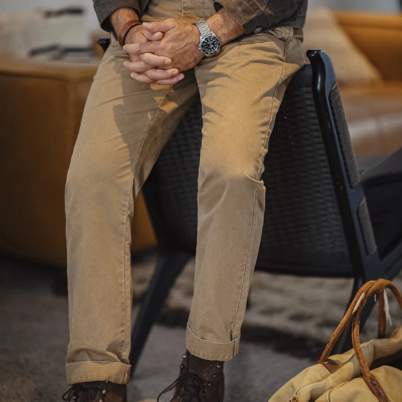 ខោ Maden Vintage Heavyweight Khaki Casual Pants Twill Cotton Straight Pants សម្រាប់សម្លៀកបំពាក់ការងាររដូវស្លឹកឈើជ្រុះរបស់បុរស ខោ Classic Zip Fly Pants