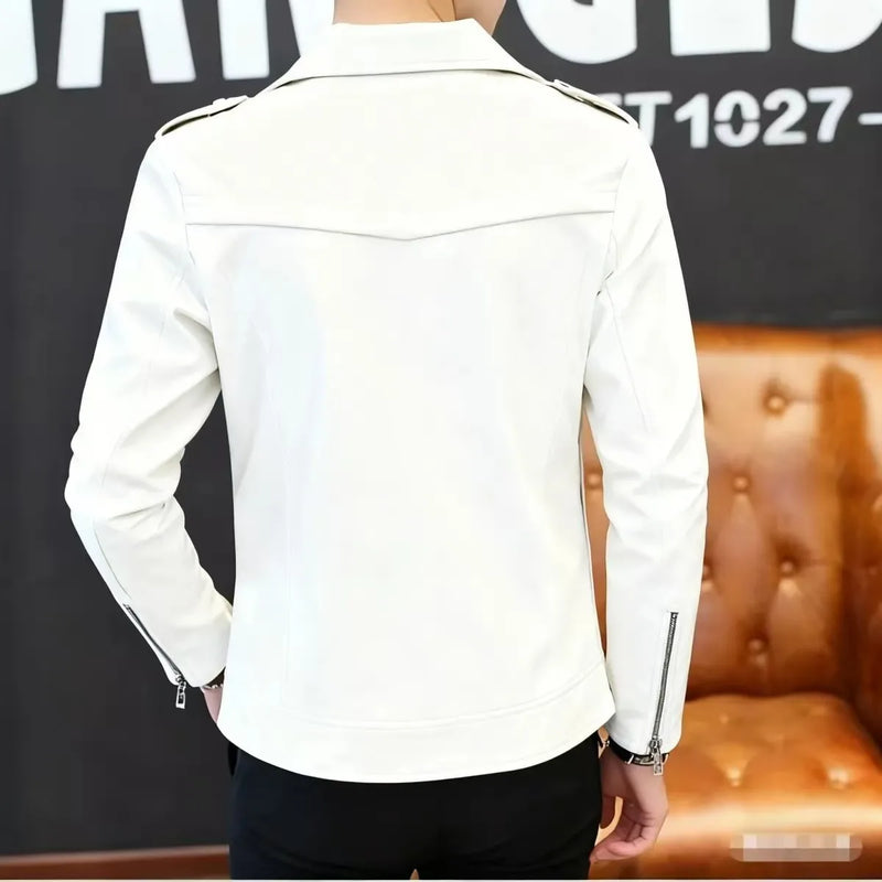 Spring Men's Long-Sleeve Synthetic Leather Jacket, Black and White Color-Blocked Decorative PU Outerwear, Fashionable Biker Coat