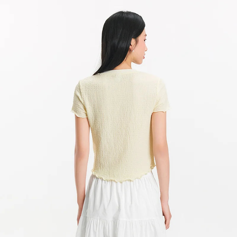 Semir Women Fruit Print T-Shirt Ruffle Hem Textured Slim Fit 2025 Summer Soft Aesthetic