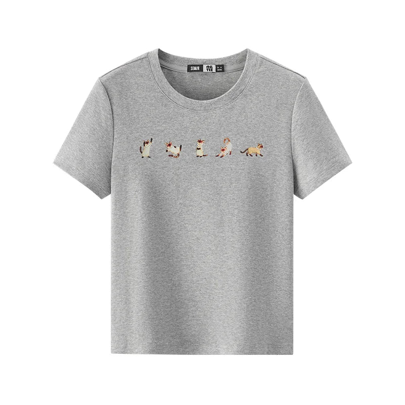 Semir Womens Tshirt 2026 Short Slim Regular Shoulder Cat Printed Cute Casual Fashion Daily Wear