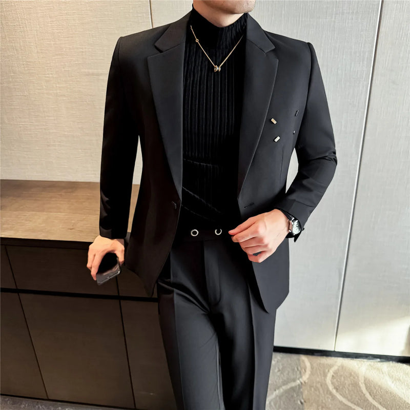Men's Two-Piece Suit Set (Jacket + Pants) , Metal-Decorated Blazer with Naples Trousers, Casual Smart Wear, Beige Black Brown