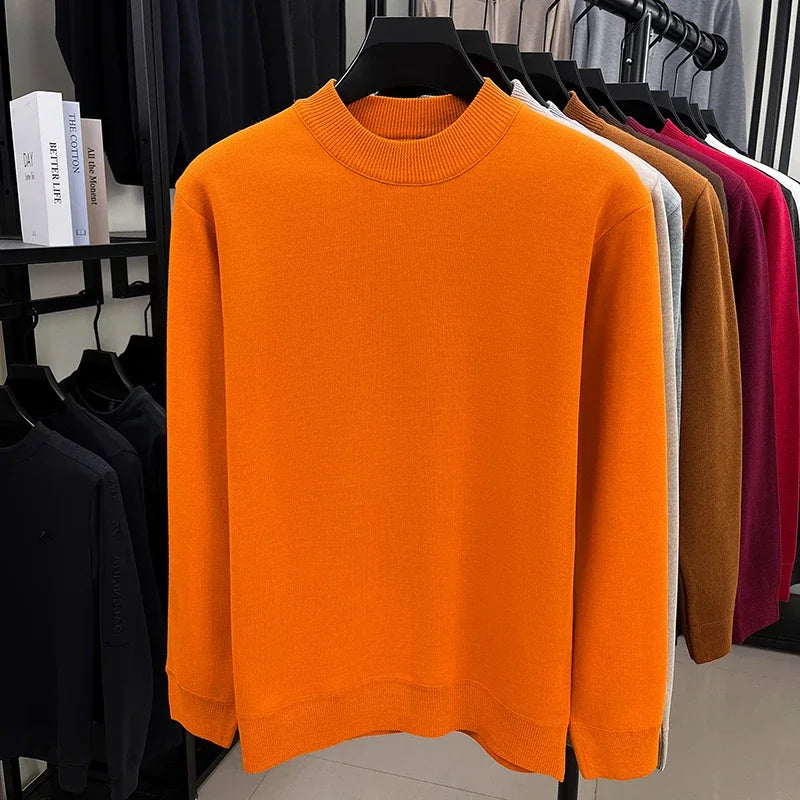 Soft Knitted Half High Neck Sweater Men Full Fleece Lined Thermal Pullover Breathable Long Sleeve Outfit For Fall Winter