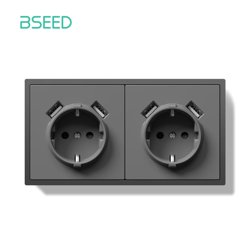 BSEED EU Standard Single Wall Socket Double USB Charge Port Wall Power Outlets Electric Plugs White Black Plastic Frame 16A