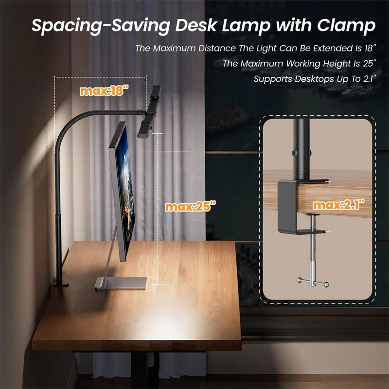 LED Desk Lamp for Home Office Eye-Caring Computer Desk Light with Clamp Gooseneck Rotatable Color Changing Dimmable Table Light