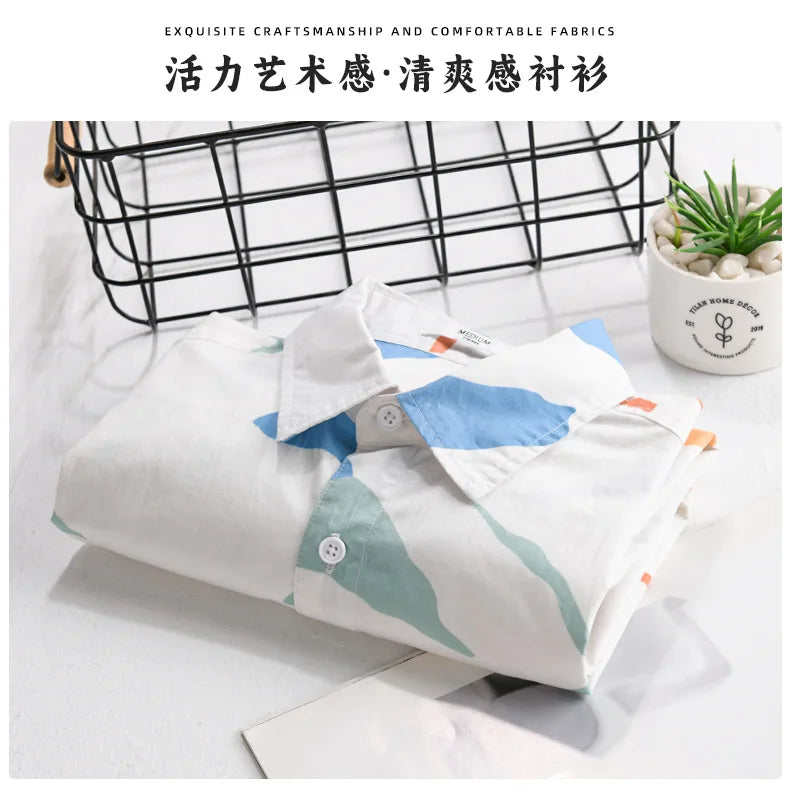 Summer New 100% Cotton Fashion Printed Short Sleeve Shirt for Men Turn-down Collar Shirt FY564