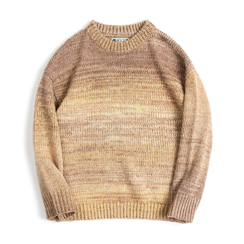 Maden Men's Vintage Gradient Stripe Sweater Round Neck Blended Knitted Pullover Warm Base-layer knitwear for Autumn and Winter