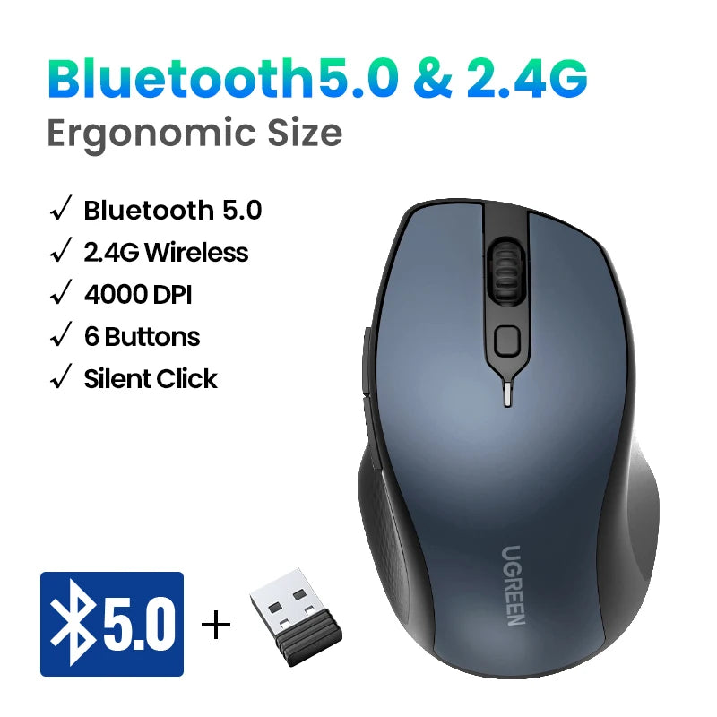 UGREEN Wireless Mouse Bluetooth 5.0 Ergonomic 4000 DPI 6 Mute Buttons For MacBook Computer Tablet Laptop PC 2.4G Wireless Mice