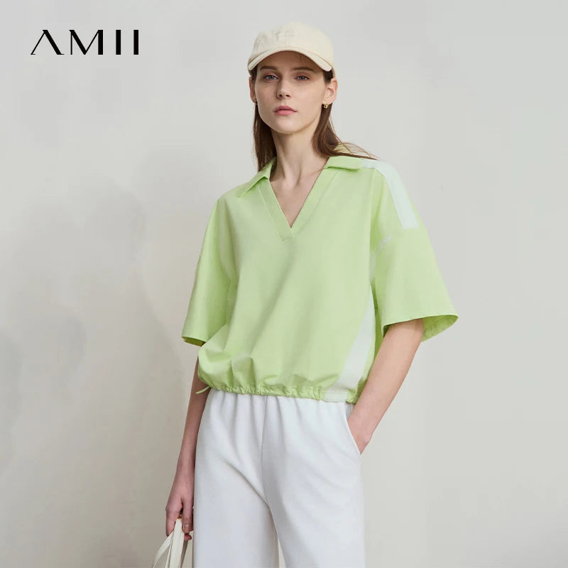 អាវយឺតកប្បាស Amii Minimalist សម្រាប់ស្ត្រីឆ្នាំ ២០២៥ រដូវក្តៅថ្មី V-Neck Pullover រលុងខ្លីស្មាដៃអាវទាន់សម័យសម្រាប់ការធ្វើដំណើរ 12552001
