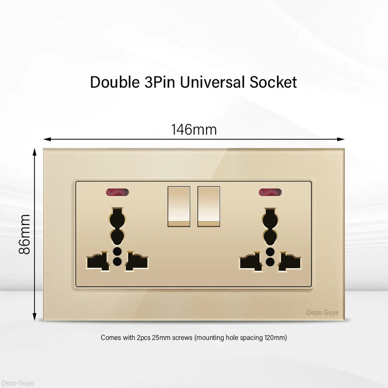Gold UK 13A Tempered Glass Dual Socket,Universal Power Outlet With USB Type C 18W Quick Charge,Home Light Electric Switch Panel