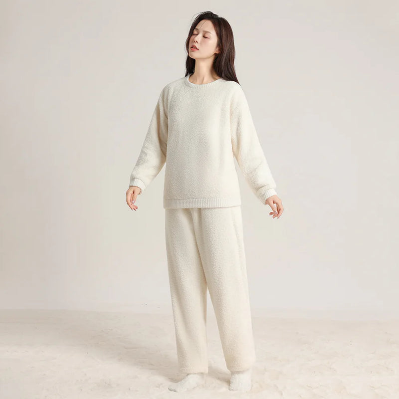 Couple Pajamas Set Coral Fleece Winter Warm Sleepwear Long Sleeve Thicken Women Pajama Loose Sleeping Clothes Home Wear Suit