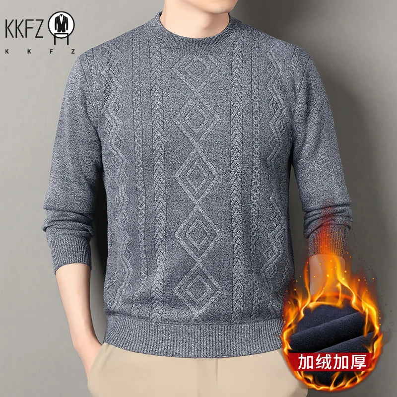 Jacquard Pattern Male Warm Sweater Full Fleece Lining Elastic Hem Crew Neck Office Semi Formal Long Sleeve Pullover
