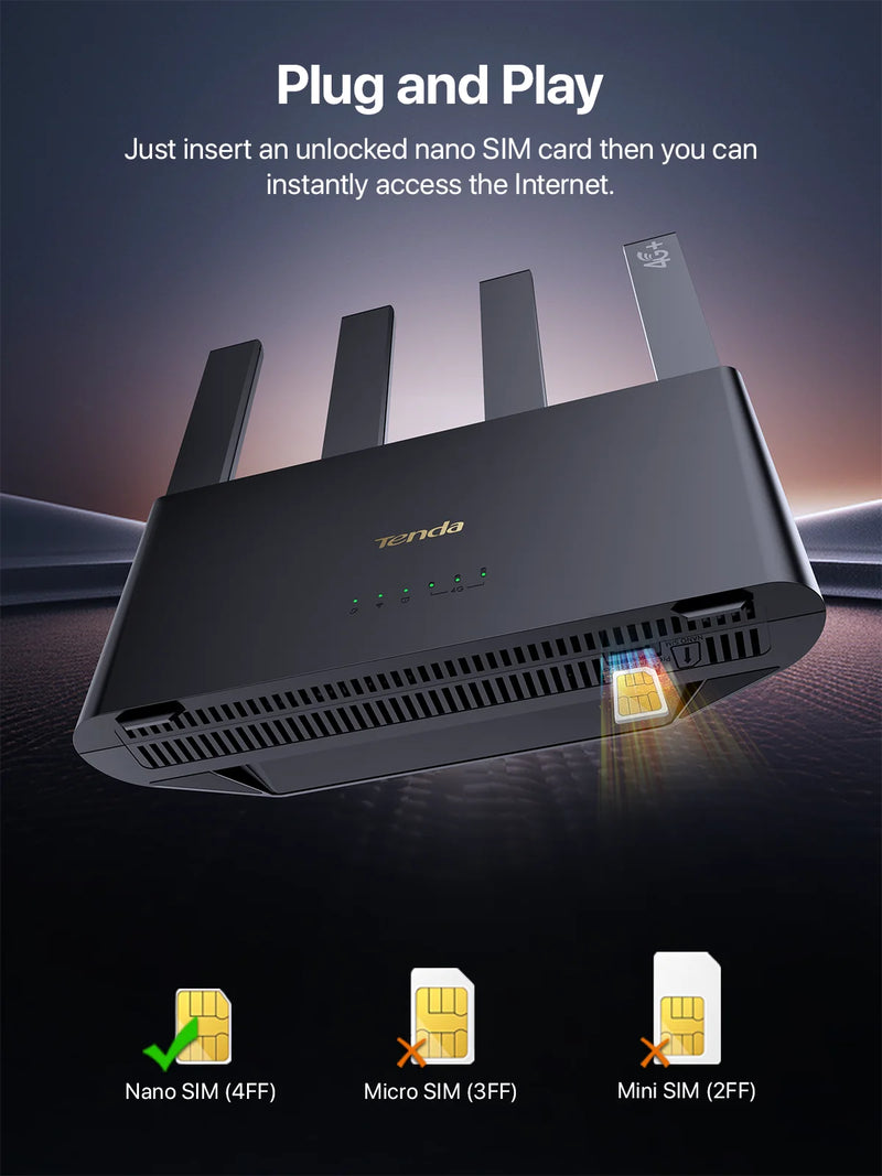 រ៉ោតទ័រ Tenda 4G08 4G+ AC1200 CAT6 LTE រ៉ោតទ័រ 2.4G និង 5Ghz រន្ធដោតស៊ីមកាត ហតស្ពត រ៉ោតទ័រវ៉ាយហ្វាយ ម៉ូដឹម រ៉ោតទ័រ សម្រាប់ប្រើប្រាស់ក្នុងផ្ទះ និងក្រៅផ្ទះ គ្របដណ្តប់ដោយវ៉ាយហ្វាយ Mesh WiFi+