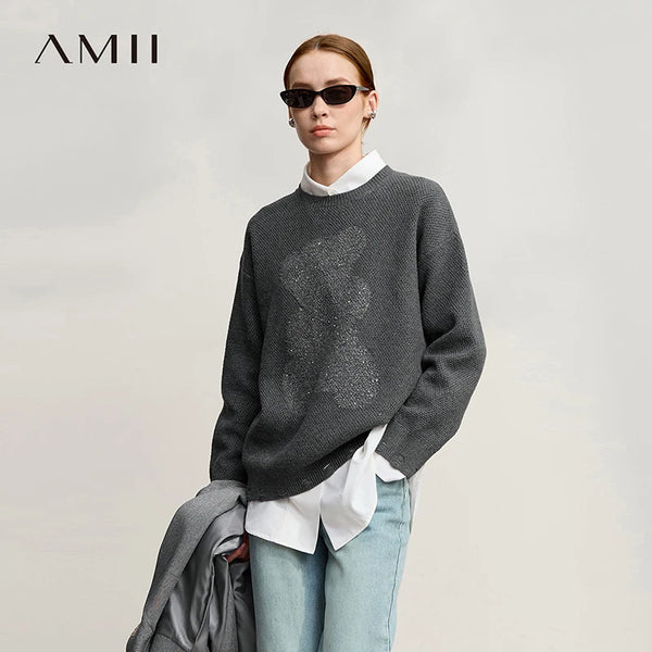 Amii Sweater 2026 Winter New Casual Hollow Out Jacquard Crew Neck Women's Sweater Loose Versatile Long Sleeve Knit Top 12544117