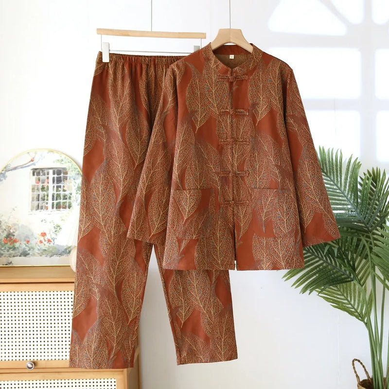 Retro Floral Pyjama Couple Homewear Autumn Sleepwear Cotton Long Sleeve Loungewear Sets Women Pajama Set 2-Piece Home Wear