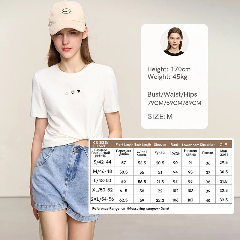 អាវយឺត Amii Minimalist សម្រាប់នារី កអាវខ្លី ដៃខ្លី ការតុបតែងធរណីមាត្រ កប្បាសប្រឆាំងបាក់តេរី អាវយឺតយឺត 12521088