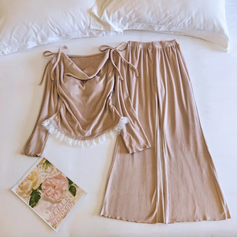 Korean Women Winter Sleepwear Set New Chest Pad Top Pant Suit Lounge Home Pajama Island Velvet Sleeping Clothes Pyjamas Femme