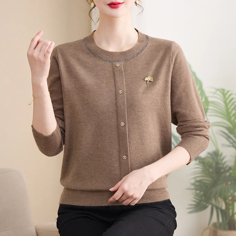 New Pullover Woman Clothing Autumn Winter Knitwear Long Sleeve Top Casual Middle Aged Mother Sweater Bottom Wear Pull Shirt