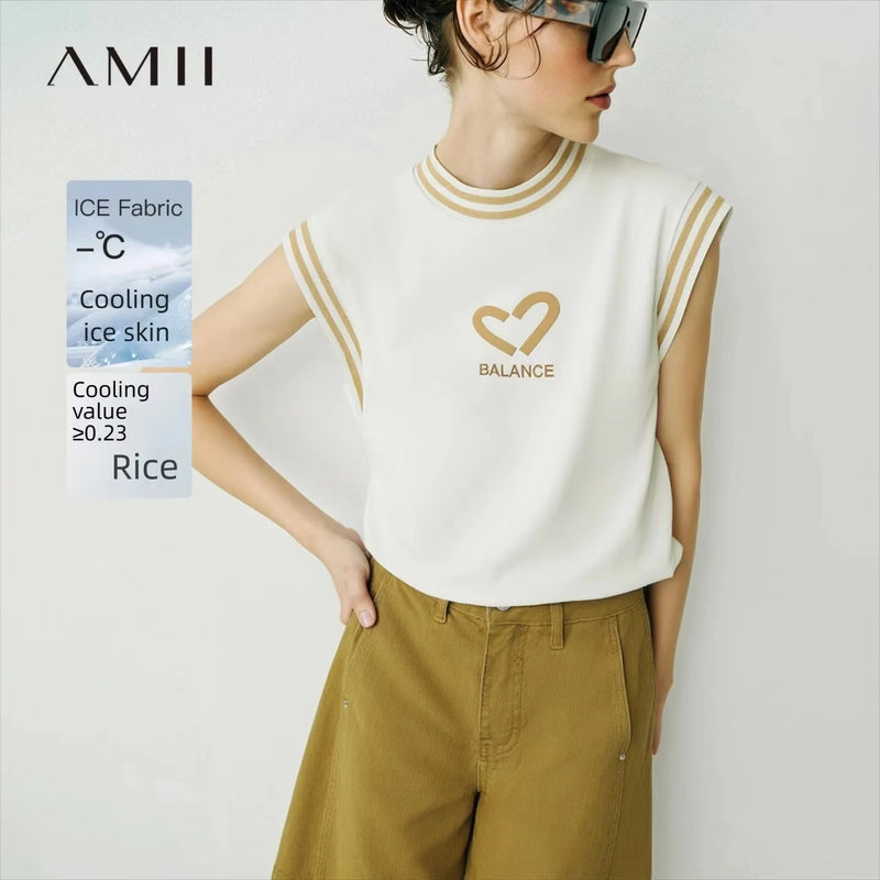 Amii Sleeveless Women's T-Shirt 2026 Summer New Stretch Cotton Tank Top Letter Embroidered Loose Casual Tee For Women 12642116