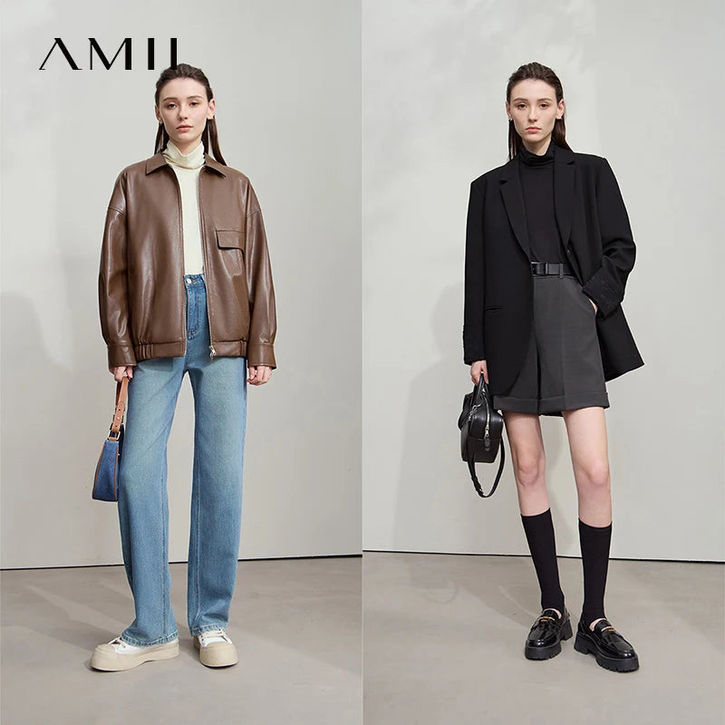 AMII 2026 New Arrival Autumn T-Shirt Pleated Heaps Collar Base Knit Tops Solid Long Sleeves Casual Slim Women Pullover 12523046