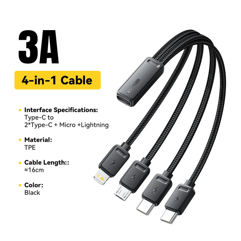 ខ្សែសាកលឿន Essager ចល័ត 4-in-1 សម្រាប់ការធ្វើដំណើរ ប្រភេទ C ស្រី ទៅខ្សែ USB ច្រើន ជាមួយអាដាប់ទ័រប្រភេទ C, មីក្រូ, និងភ្លើង 2
