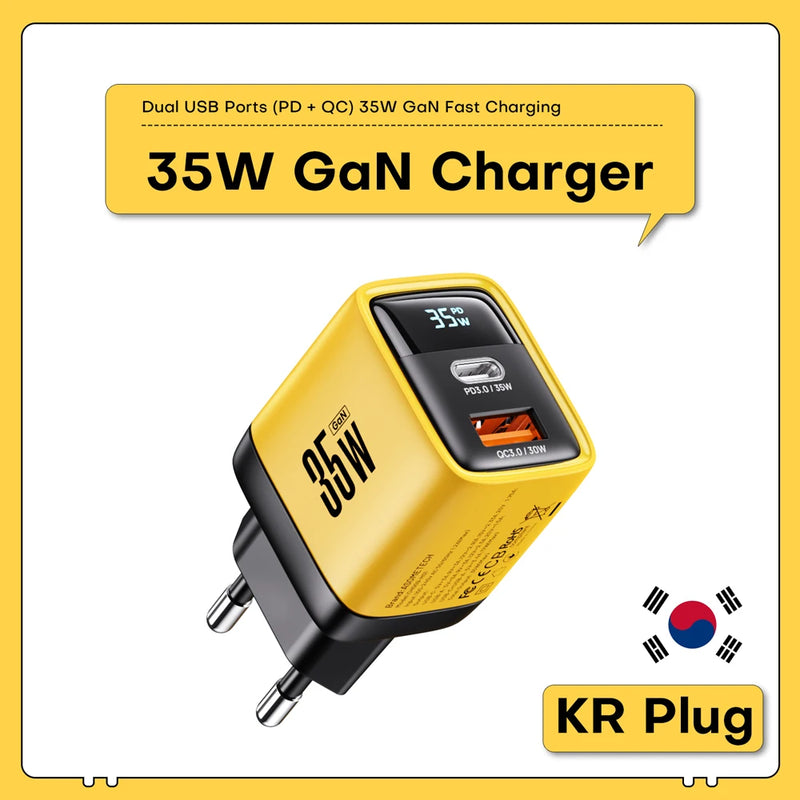 ឆ្នាំងសាក GaN 35W អេក្រង់ LED ឆ្នាំងសាក USB សម្រាប់ iPhone 14 Pro Samsung Xiaomi iPad Pro PD 3.0 QC 3.0 ឆ្នាំងសាករហ័ស USB C សាកលឿន