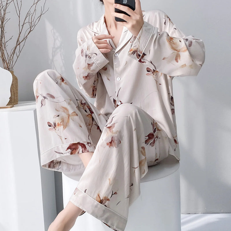 Viscose Loungewear 2 Piece Long Sleeve Top Pants Sleepwear Retro Floral Pajama Set For Women Autumn Soft Women's Home Nightwear