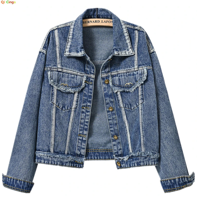 2026 New Women's Blue Denim Jacket, Single-breasted Lapel Long-sleeved Coat, Fashion Casual Female Tops