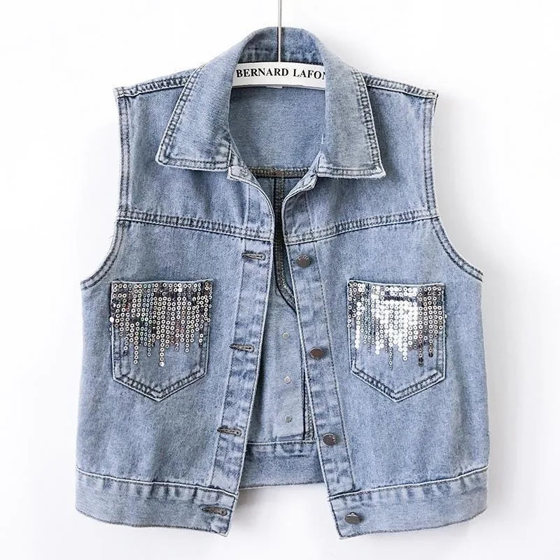 Fashion Sequined Large Size Denim Women's Vest Jacket Korean Version Sister Spring Autumn Short Waistcoat Buttons Pockets Top