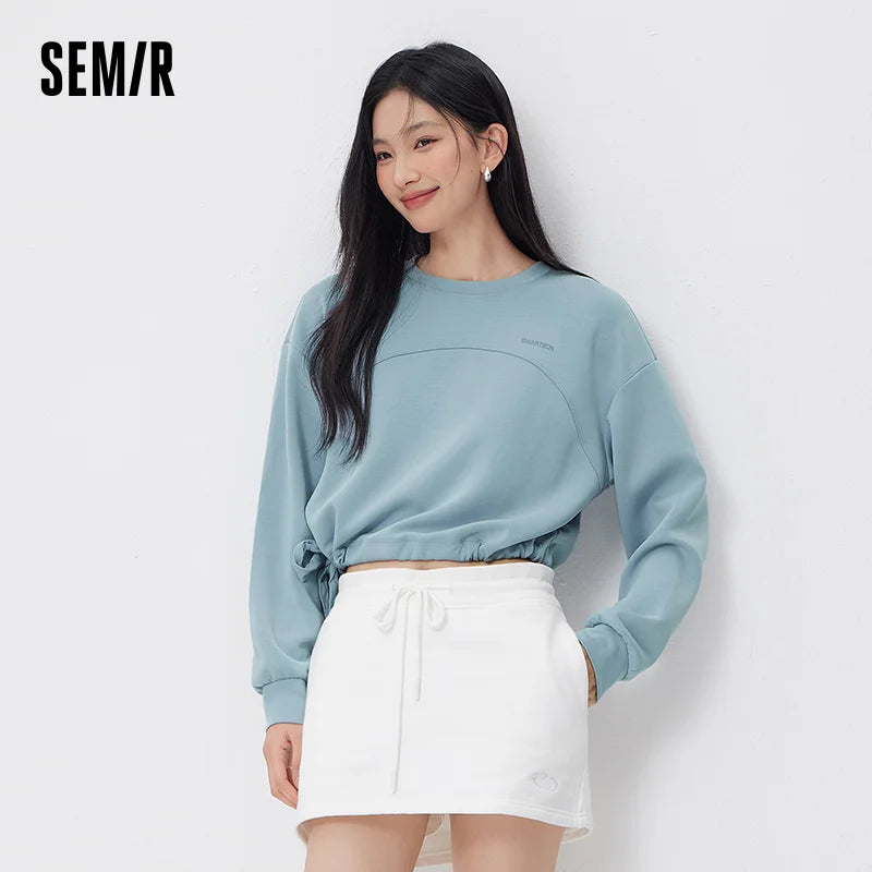 Semir Trendy Hoodie Women Spring Short Crew Neck Loose Letter Drawstring Casual Ins Fashion Minimalist Stylish Top