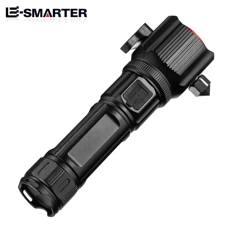 ពិល LED ពង្រីកថាមពលខ្ពស់ជាមួយការសាកថ្ម USB COB Safety Hammer ពហុមុខងារ ពិលឡាស៊ែរពណ៌សអាលុយមីញ៉ូមធន់នឹងទឹក