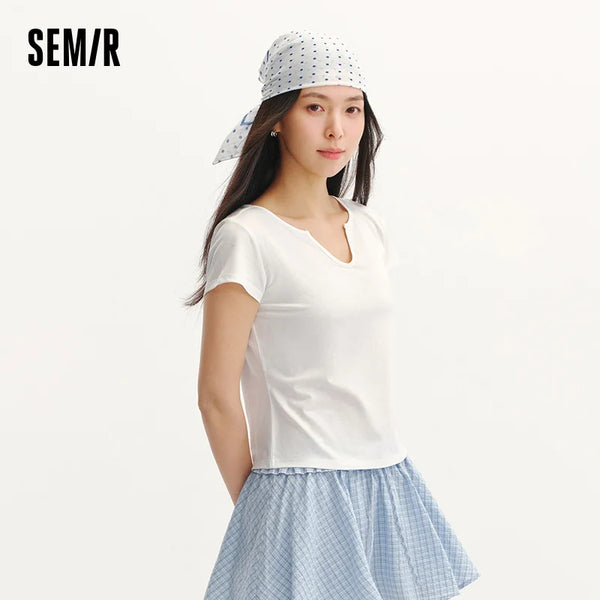អាវយឺតស្ត្រី Semir ឆ្នាំ ២០២៦ ខ្លីស្តើង ធ្វើពីកប្បាស លីនីន រឹង ស្មាធម្មតា ឆើតឆាយ ធម្មតា ទន់