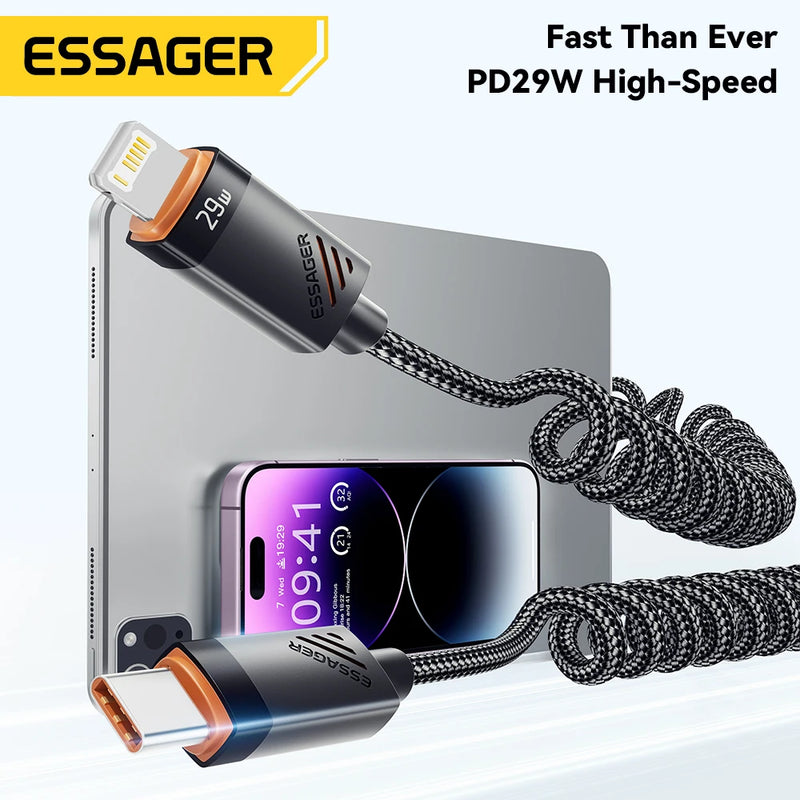 ខ្សែសាក Essager Car Spring USB C ទៅ Lighting Cable PD 29W សាកលឿនសម្រាប់ iPhone 14 13 12 11 Pro Max ឆ្នាំងសាក Spring USB Type C Cable