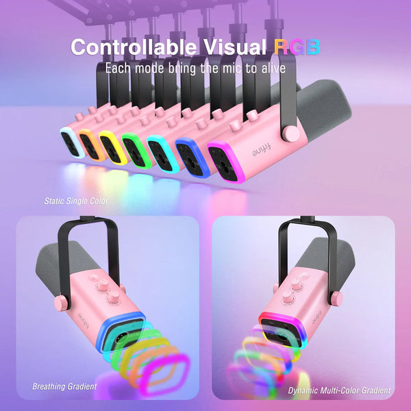 ឈុតមីក្រូហ្វូនឌីណាមិក FIFINE Gaming USB/XLR ជាមួយប៊ូតុង Gain/RGB/ម៉ូនីទ័រ, ឈុតមីក្រូហ្វូន Boom Arm សម្រាប់កុំព្យូទ័រ PS5/4 Mixer-AmpliGame ពណ៌ផ្កាឈូក AM8TP
