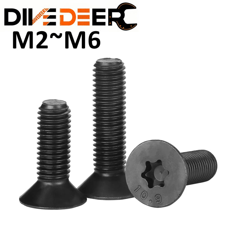 2-50pcs/lot Flat Countersunk Screw Six Lobe Bolt Machine screw M2 M2.5 M3 M4 M5 M6 Black carbon steel Torx Head