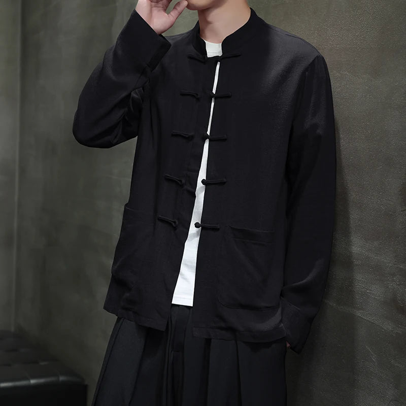 Chinese-style Men's Black Long-sleeve Shirt, Cotton-linen Blend Stand-up Collar Shirts, Available in Burgundy, Beige, Gray. 2026