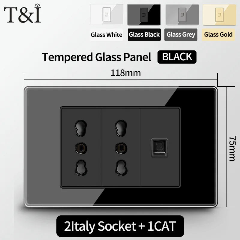 T&I Wall Switch Sockets With USB TypeC  Fast Charging, Italy Socket , Chile Schuko Outlet, Tempered Glass Panel for Home