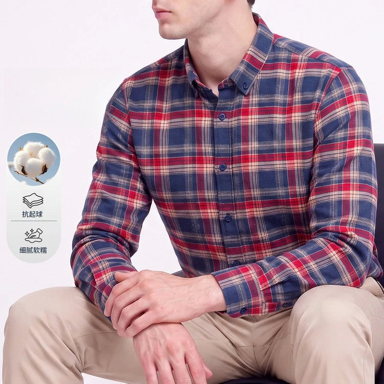 Men's 100% Cotton Brushed Plaid Long Sleeve Shirt – Soft Flannel Casual Button-Down for Outdoor & Daily Wear