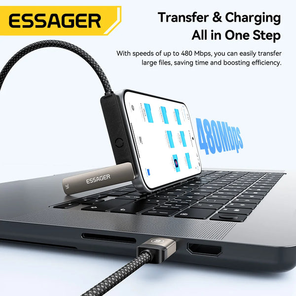 ខ្សែសាក Essager 2 ក្នុង 1 Elbow 7A USB Type C ជាមួយជើងទម្រទូរស័ព្ទ សម្រាប់ iPhone Realme Huawei 66W សាកថ្មលឿន សម្រាប់ Honor Samsung Oneplus