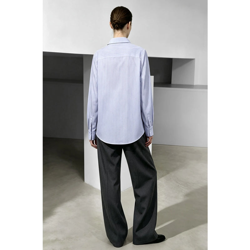 Amii Women Lapel Striped Shirt Long Sleeve Blouse Beaded Office Lady Shirts Casual Minimalist Commuter Autumn New Tops 12653003