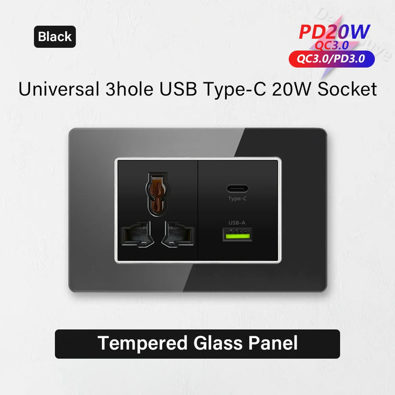 Type 118 Black Tempered Glass Panel EU Wall Light Switch,Europe Wall Socket With USB Type-c 18W Quick Charge Outlet 118*75mm