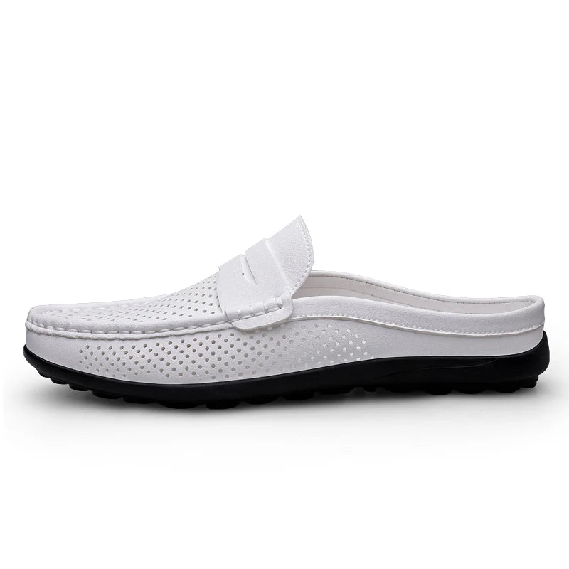 Summer Men Breathable Half Shoes Casual Leather Shoes White Black Slip On Loafers Shoes Big Size 46 47 Dropshipping