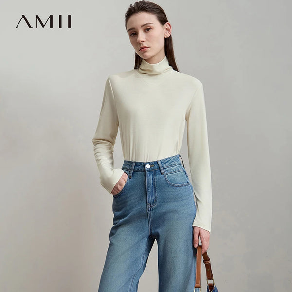 AMII 2026 New Arrival Autumn T-Shirt Pleated Heaps Collar Base Knit Tops Solid Long Sleeves Casual Slim Women Pullover 12523046