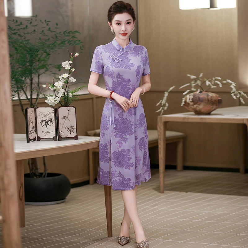រ៉ូប Cheongsam រដូវក្តៅ កអាវផ្កាបាក់ សម្លៀកបំពាក់នារី រ៉ូបចង្កេះរាងអក្សរ A បែបចិនបុរាណ
